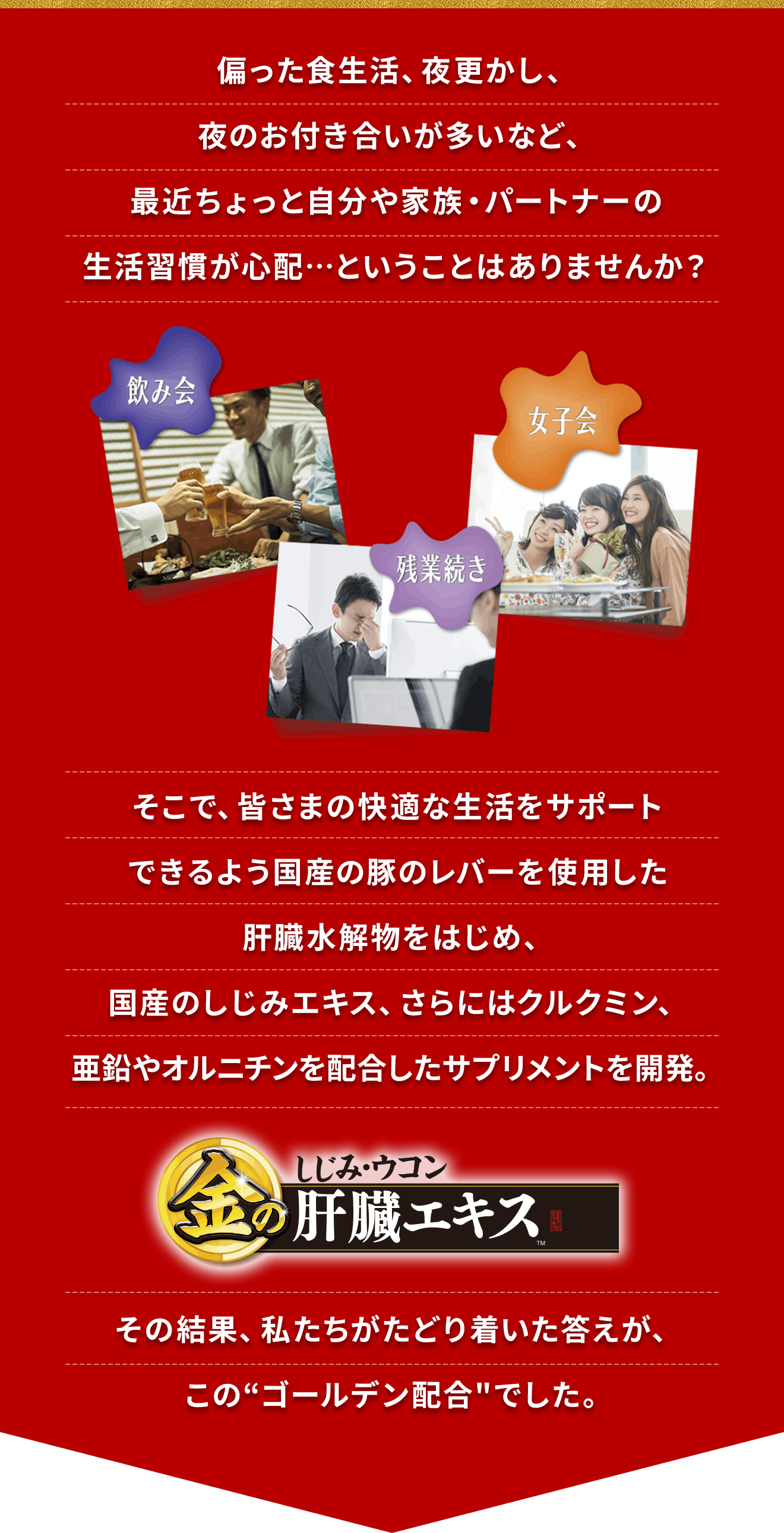 偏った食生活、夜更かし、夜のお付き合いが多いなど、最近ちょっと自分や家族・パートナーの生活習慣が心配…ということはありませんか？そこで、皆さまの快適な生活をサポートできるよう国産の豚のレバーを使用した肝臓水解物をはじめ、国産のしじみエキス、さらにはクルクミン、亜鉛やオルニチンを配合したサプリメントを開発。その結果、私たちがたどり着いた答えが、このゴールデン配合でした。