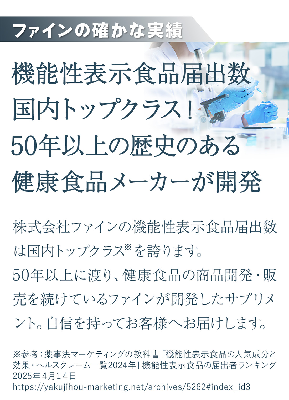 ファインの確かな実績。機能性表示食品届出数国内トップクラス！50年以上の歴史のある健康食品メーカーが開発。