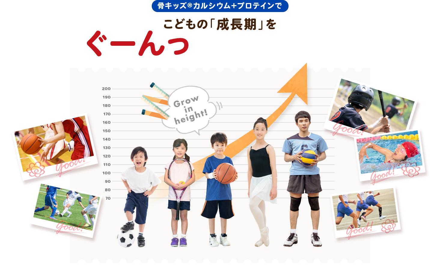 骨キッズカルシウム+プロテインでこどもの「成長期」をぐーんっと、伸ばしましょう！