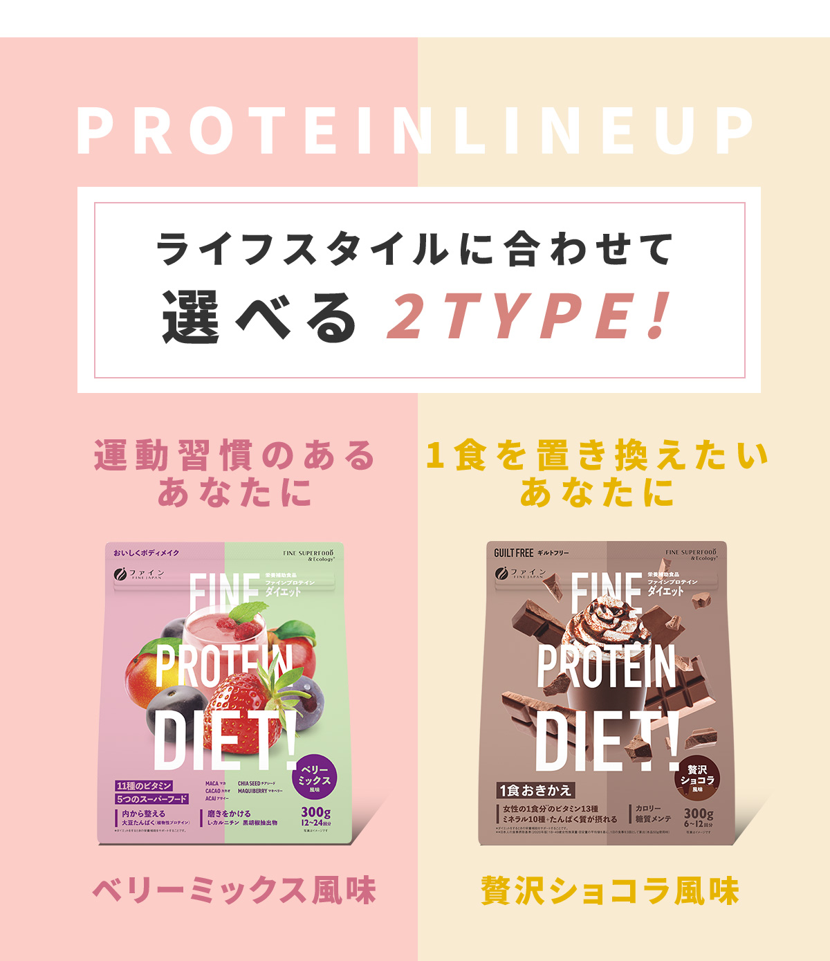 ライフスタイルに合わせて選べる２TYPE！運動習慣のあるあなたに ベリーミックス風味、1食を置き換えたいあなたに 贅沢ショコラ風味