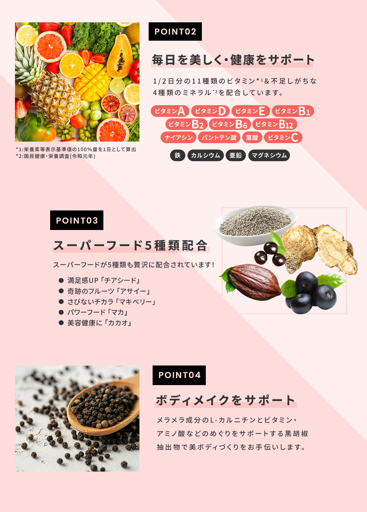 美容に嬉しい成分たっぷり　スーパーフード5種類配合　チアシード入りで満腹感アップ